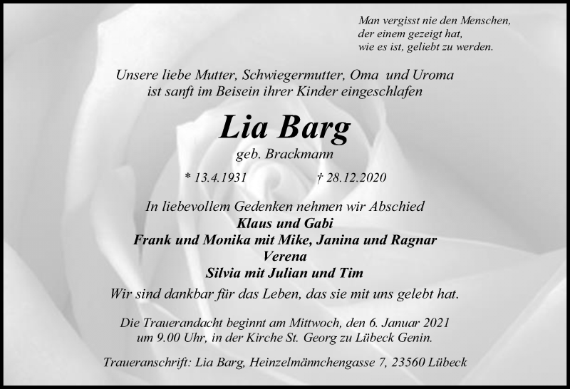  Traueranzeige für Lia Barg vom 03.01.2021 aus Lübecker Nachrichten