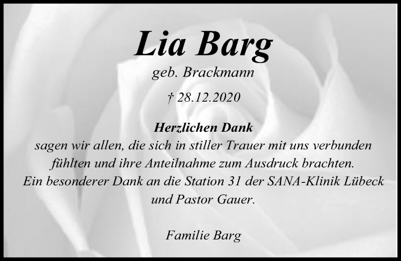  Traueranzeige für Lia Barg vom 10.01.2021 aus Lübecker Nachrichten