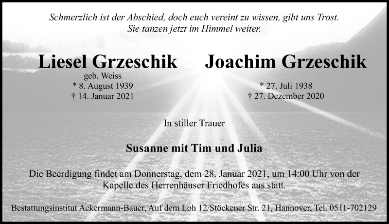 Traueranzeige für Liesel Grzeschik vom 23.01.2021 aus Hannoversche Allgemeine Zeitung/Neue Presse