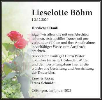 Traueranzeige von Lieselotte Böhm von Göttinger Tageblatt