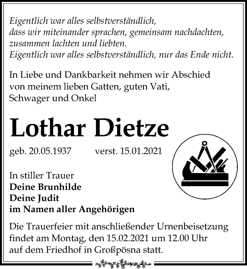  Traueranzeige für Lothar Dietze vom 30.01.2021 aus Leipziger Volkszeitung