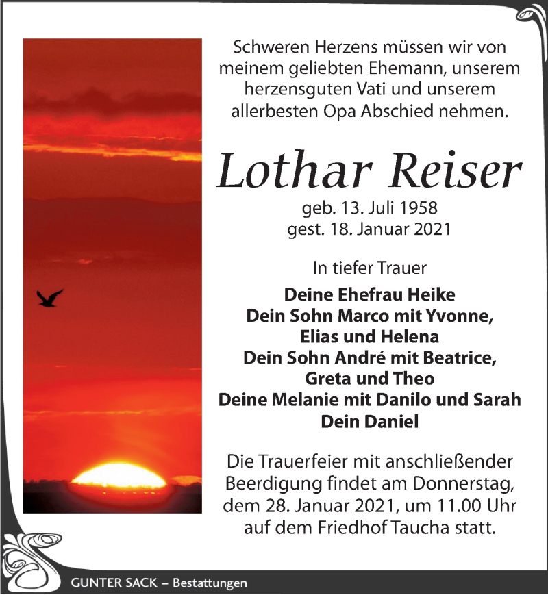  Traueranzeige für Lothar Reiser vom 23.01.2021 aus Leipziger Volkszeitung