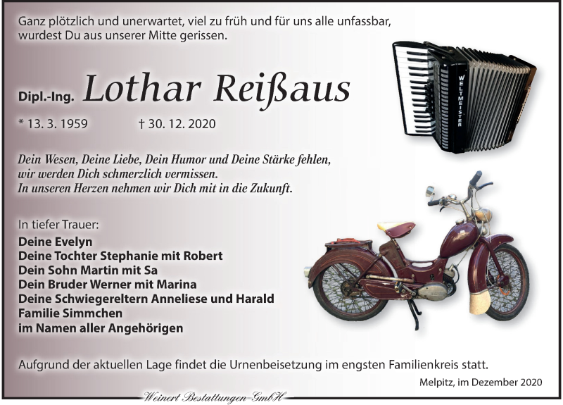  Traueranzeige für Lothar Reißaus vom 09.01.2021 aus Torgauer Zeitung