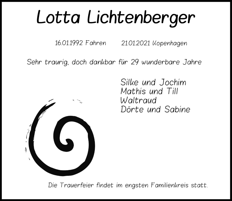  Traueranzeige für Lotta Lichtenberger vom 30.01.2021 aus Kieler Nachrichten