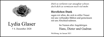 Traueranzeige von Lydia Glaser von Aller Zeitung