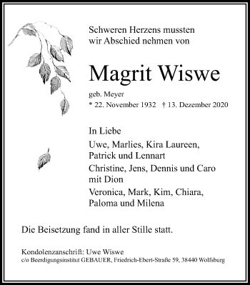 Traueranzeige von Magrit Wiswe von Aller Zeitung
