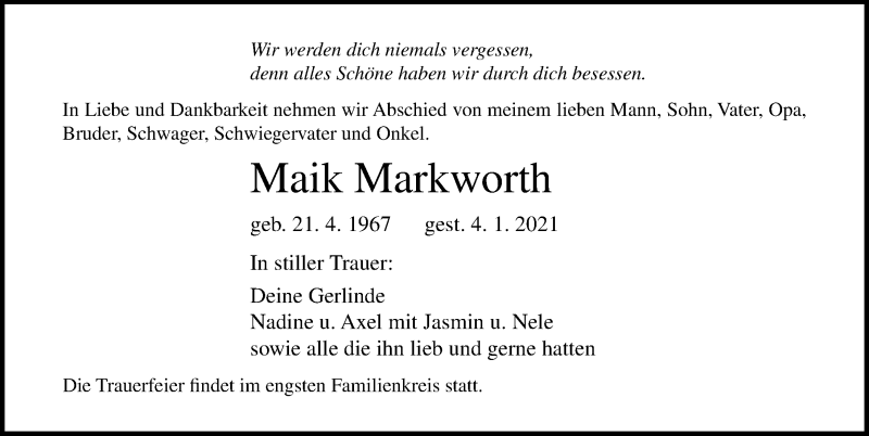  Traueranzeige für Maik Markworth vom 09.01.2021 aus Ostsee-Zeitung GmbH
