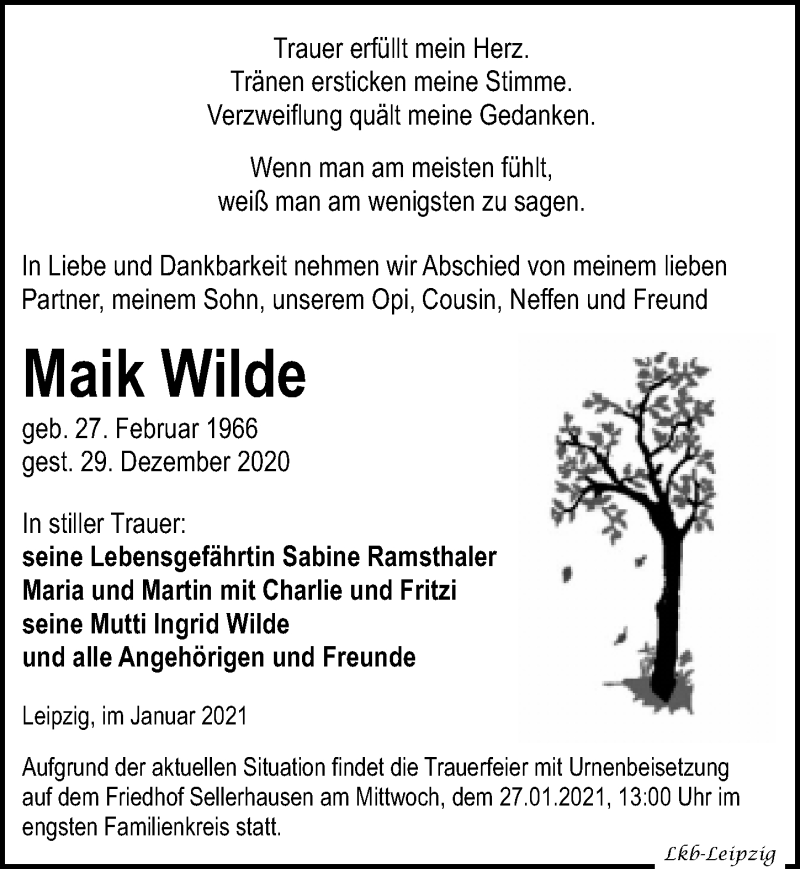  Traueranzeige für Maik Wilde vom 09.01.2021 aus Leipziger Volkszeitung