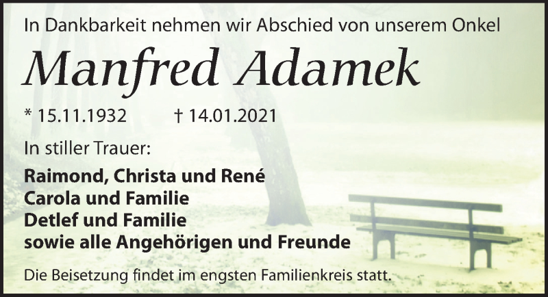  Traueranzeige für Manfred Adamek vom 23.01.2021 aus Leipziger Volkszeitung