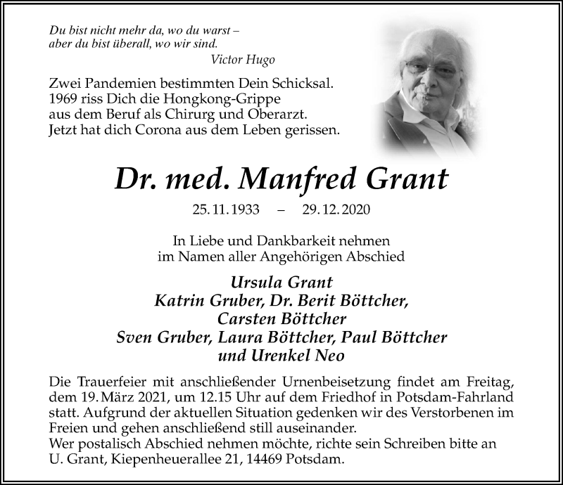  Traueranzeige für Manfred Grant vom 23.01.2021 aus Ostsee-Zeitung GmbH