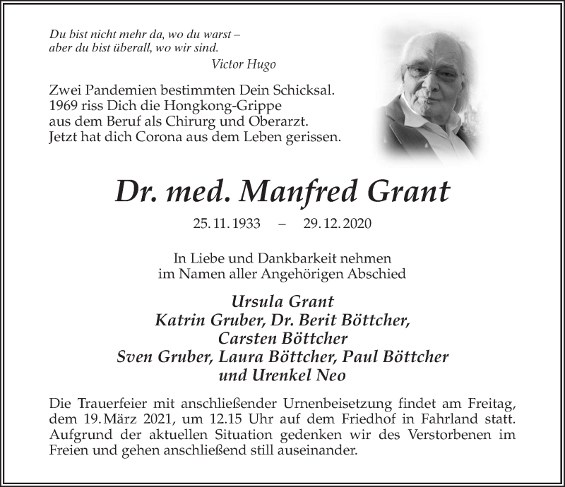  Traueranzeige für Manfred Grant vom 23.01.2021 aus Märkischen Allgemeine Zeitung