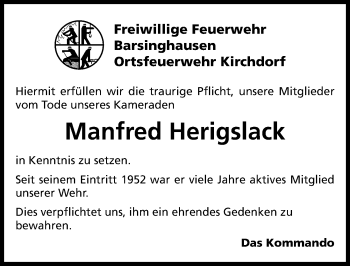 Traueranzeige von Manfred Herigslack von Hannoversche Allgemeine Zeitung/Neue Presse
