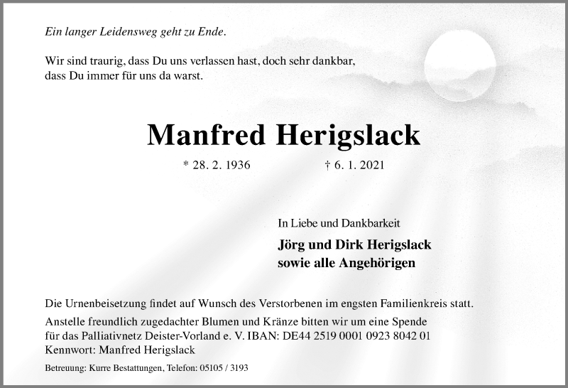  Traueranzeige für Manfred Herigslack vom 09.01.2021 aus Hannoversche Allgemeine Zeitung/Neue Presse