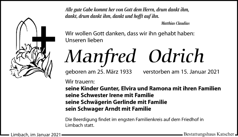  Traueranzeige für Manfred Odrich vom 19.01.2021 aus Leipziger Volkszeitung