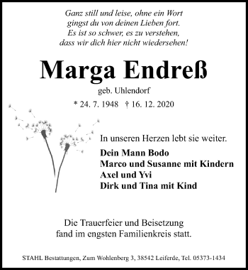 Traueranzeige von Marga Endreß von Aller Zeitung