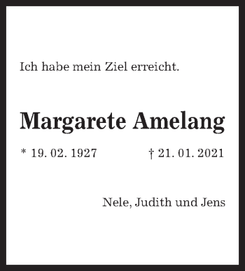 Traueranzeige von Margarete Amelang von Hannoversche Allgemeine Zeitung/Neue Presse