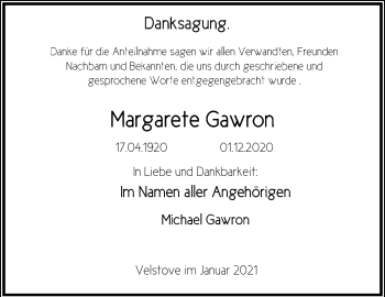 Traueranzeige von Margarete Gawron von Aller Zeitung