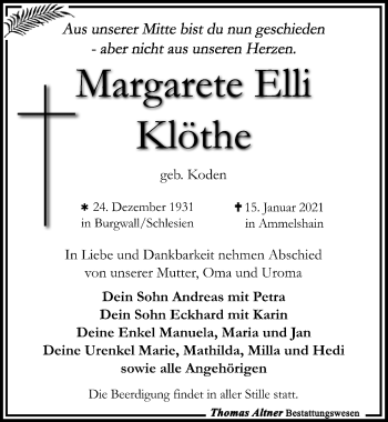 Traueranzeige von Margarete Elli Klöthe von Leipziger Volkszeitung