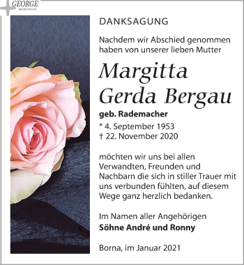 Traueranzeige von Margitta Gerda Bergau von Leipziger Volkszeitung