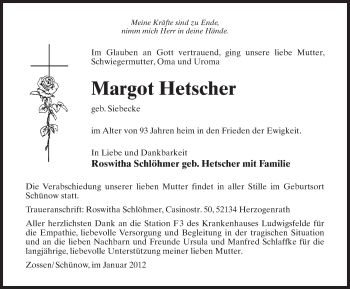 Traueranzeige von Margot Hetscher von Märkischen Allgemeine Zeitung