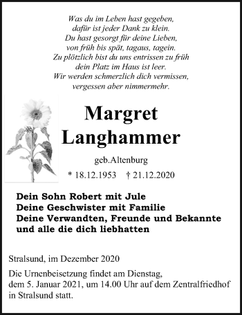 Traueranzeige von Margret Langhammer von Ostsee-Zeitung GmbH