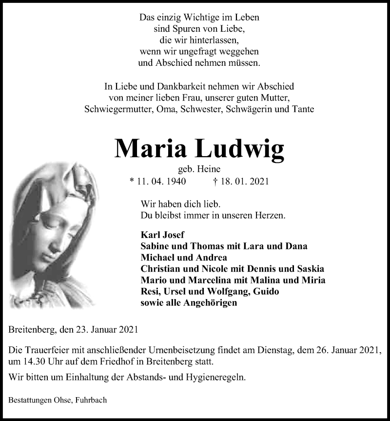  Traueranzeige für Maria Ludwig vom 23.01.2021 aus Eichsfelder Tageblatt