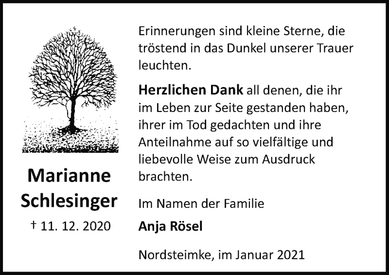  Traueranzeige für Marianne Schlesinger vom 22.01.2021 aus Aller Zeitung