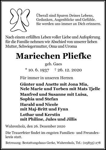 Traueranzeige von Mariechen Pliefke von Aller Zeitung