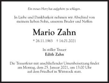 Traueranzeige von Mario Zahn von Märkischen Allgemeine Zeitung