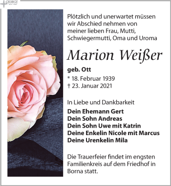 Traueranzeige von Marion Weißer von Leipziger Volkszeitung