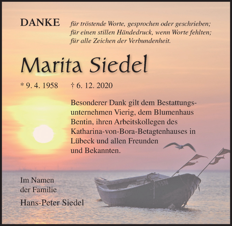 Traueranzeige für Marita Siedel vom 19.01.2021 aus Ostsee-Zeitung GmbH