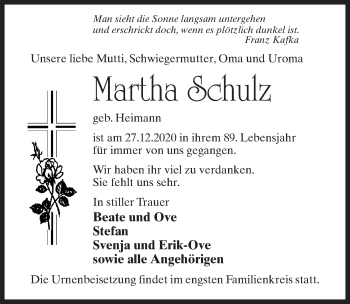 Traueranzeige von Martha Schulz von Märkischen Allgemeine Zeitung