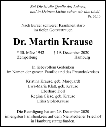 Traueranzeige von Martin Krause von Lübecker Nachrichten