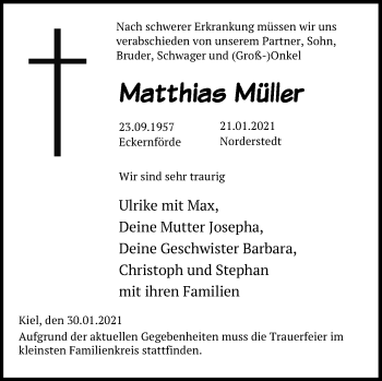 Traueranzeige von Matthias Müller von Kieler Nachrichten