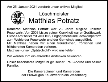 Traueranzeige von Matthias Potratz von Lübecker Nachrichten