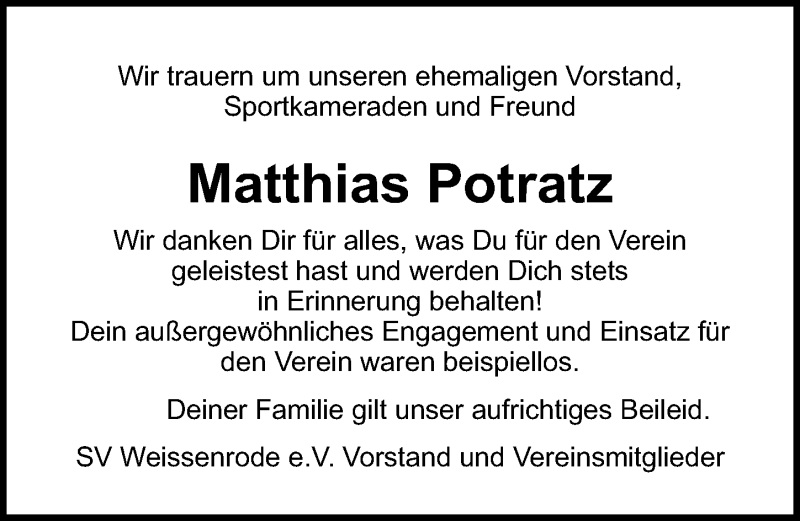  Traueranzeige für Matthias Potratz vom 31.01.2021 aus Lübecker Nachrichten