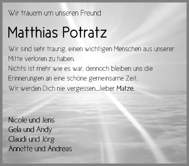  Traueranzeige für Matthias Potratz vom 31.01.2021 aus Lübecker Nachrichten