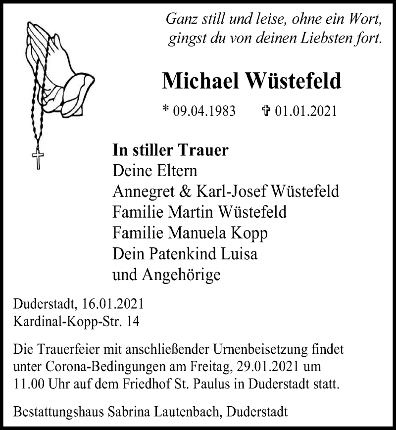  Traueranzeige für Michael Wüstefeld vom 16.01.2021 aus Eichsfelder Tageblatt