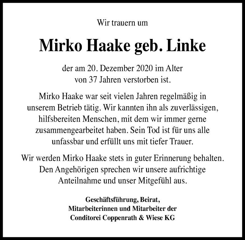  Traueranzeige für Mirko Haake vom 09.01.2021 aus Hannoversche Allgemeine Zeitung/Neue Presse