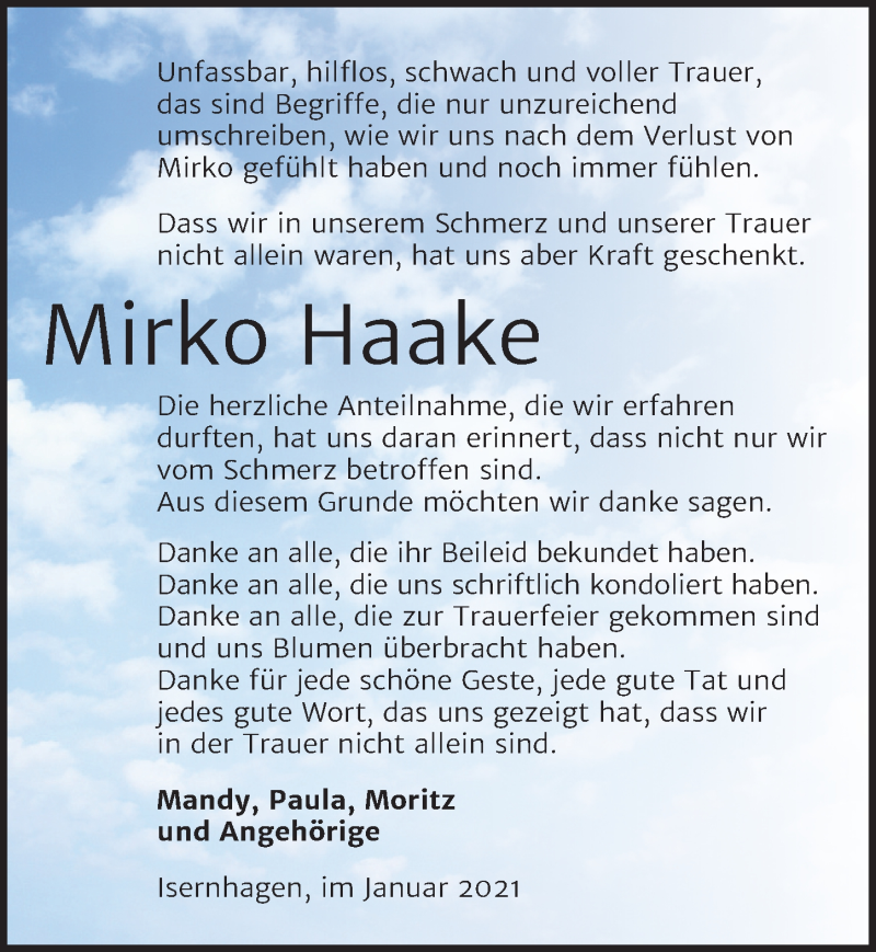  Traueranzeige für Mirko Haake vom 30.01.2021 aus Hannoversche Allgemeine Zeitung/Neue Presse