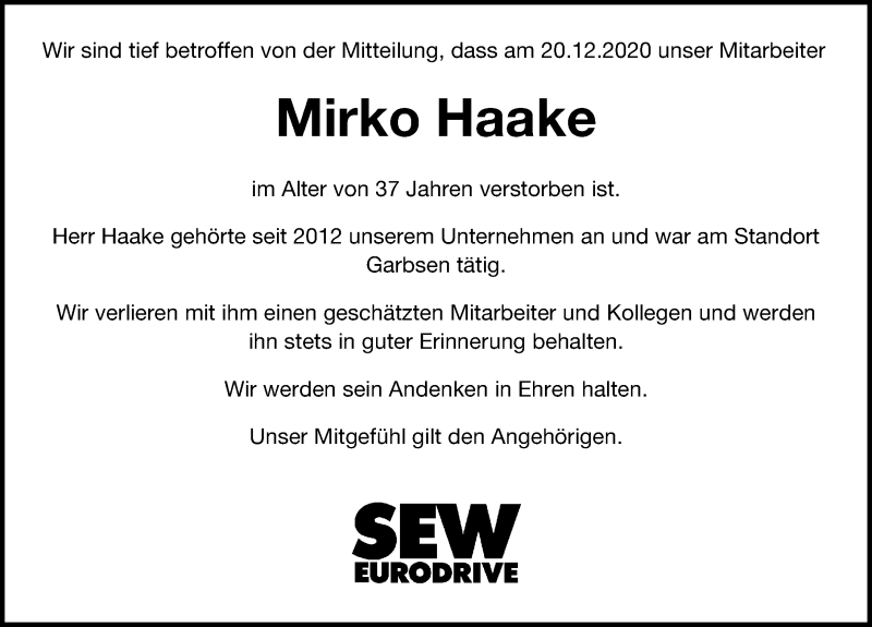  Traueranzeige für Mirko Haake vom 09.01.2021 aus Hannoversche Allgemeine Zeitung/Neue Presse