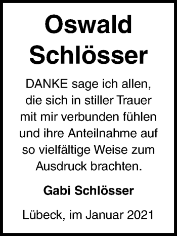 Traueranzeige von Oswald Schlösser von Lübecker Nachrichten