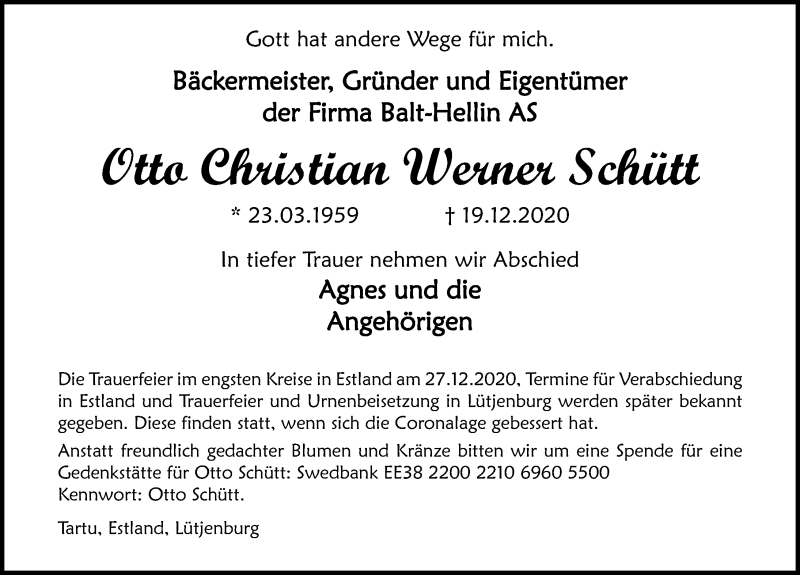  Traueranzeige für Otto Christian Werner Schütt vom 02.01.2021 aus Ostsee-Zeitung GmbH