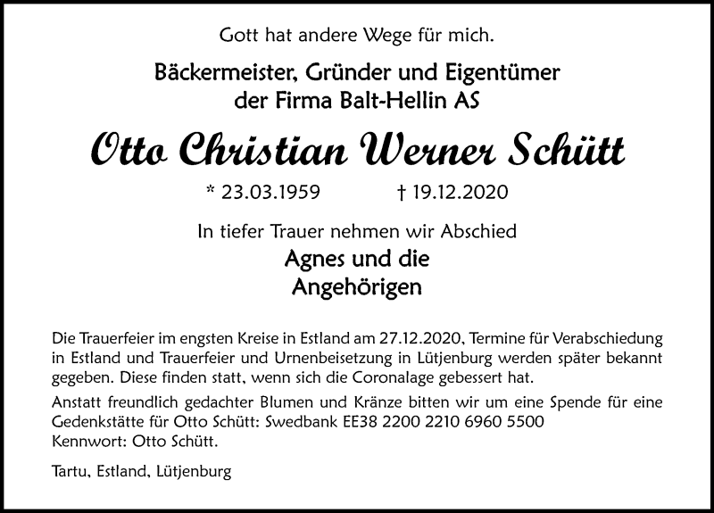  Traueranzeige für Otto Christian Werner Schütt vom 03.01.2021 aus Lübecker Nachrichten
