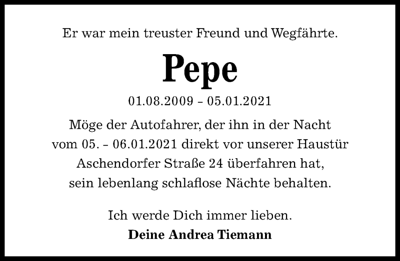  Traueranzeige für Pepe  vom 09.01.2021 aus Hannoversche Allgemeine Zeitung/Neue Presse