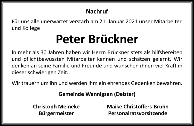  Traueranzeige für Peter Brückner vom 23.01.2021 aus Hannoversche Allgemeine Zeitung/Neue Presse