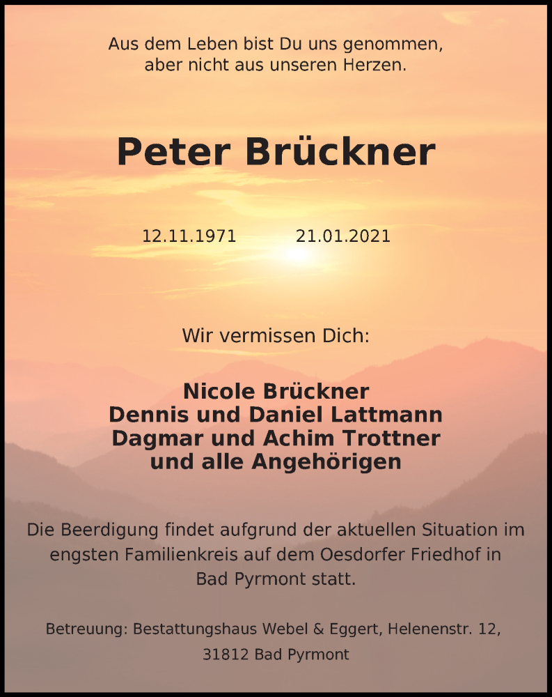  Traueranzeige für Peter Brückner vom 23.01.2021 aus Hannoversche Allgemeine Zeitung/Neue Presse