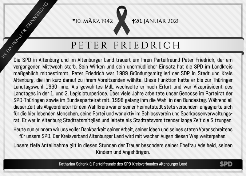  Traueranzeige für Peter Friedrich vom 23.01.2021 aus Leipziger Volkszeitung