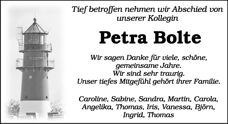  Traueranzeige für Petra Bolte vom 27.01.2021 aus Schaumburger Nachrichten
