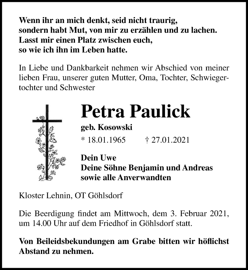  Traueranzeige für Petra Paulick vom 30.01.2021 aus Märkischen Allgemeine Zeitung